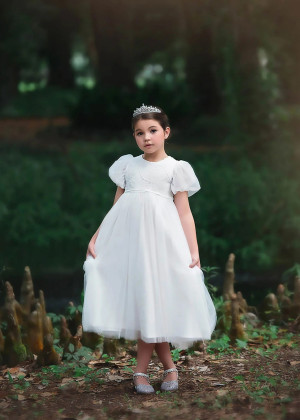 Puff Sleeves White Sequin Tulle Scallops Flower Girl Dress